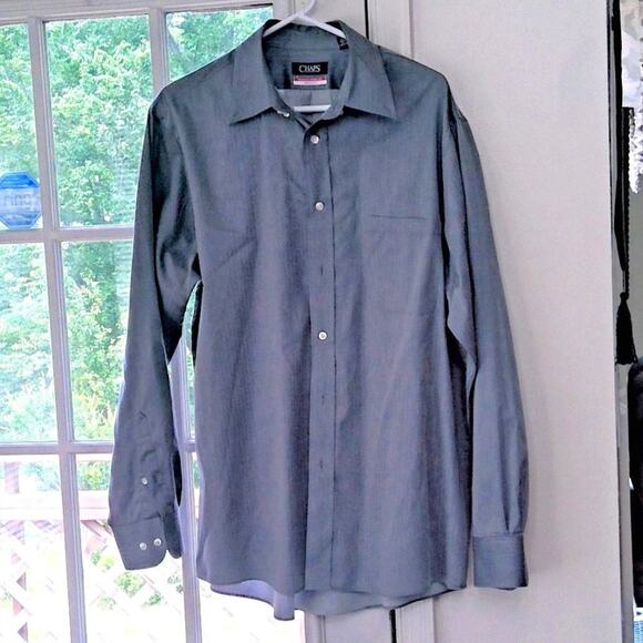 Chaps Essentials Wrinkle Free Gray Striped Long Sleeve Button Down Shirt Size L - Picture 1 of 9
